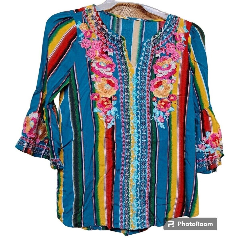Savanna Jane Embroidered Top Size S Colorful Hippie Boho
